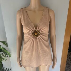 MKM Designs Tan Sleeveless V-Neck Tank with Center Embellishment